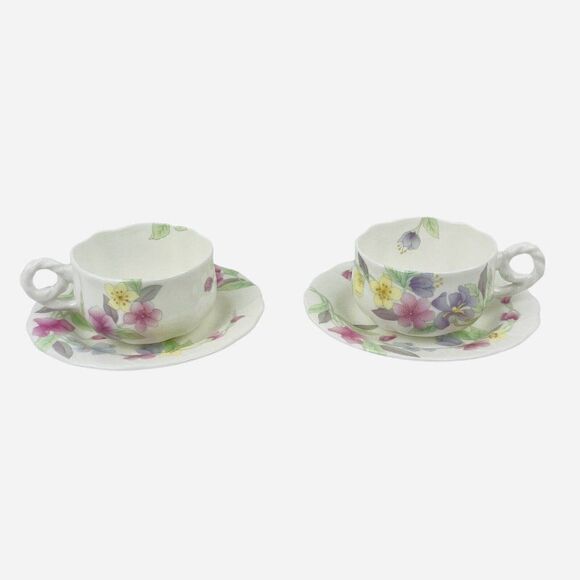 Hankook Bone China England Original Tech Teacup Saucers 2 Sets Korea NIB Floral - Picture 2 of 16